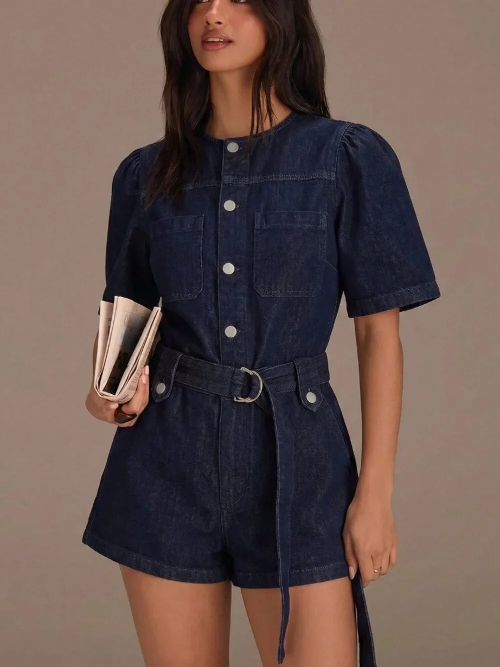 Navy Blue Casual Women's Denim Short Sleeve Jumpsuit romper